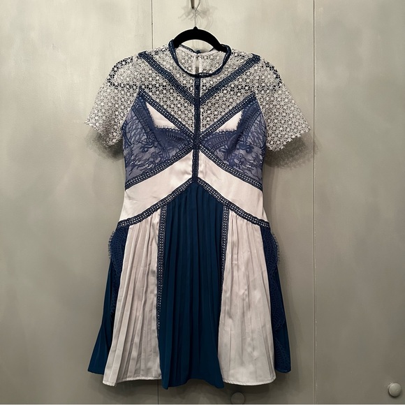 Self Portrait Blue and White Pleated Dress - Picture 4 of 6